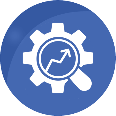 Optimise Icon - A white ascending graph in a white circle with white gear teeth around the circumference all centred on a mid blue circle