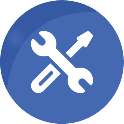 Repair Icon - A white wrench crossed over a white screwdriver centred in a mid blue circle