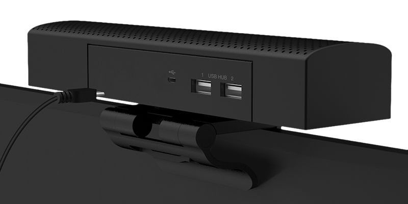 Rear view the Alfatron SALUT mounted on a monitor. It shows 2 USB A slots and a USB C slot.