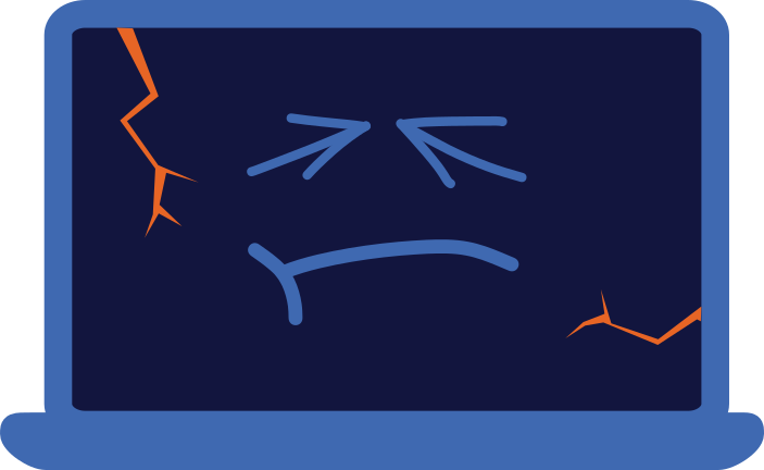 Broken laptop Basic cartoon laptop with sad face and cracks on screen